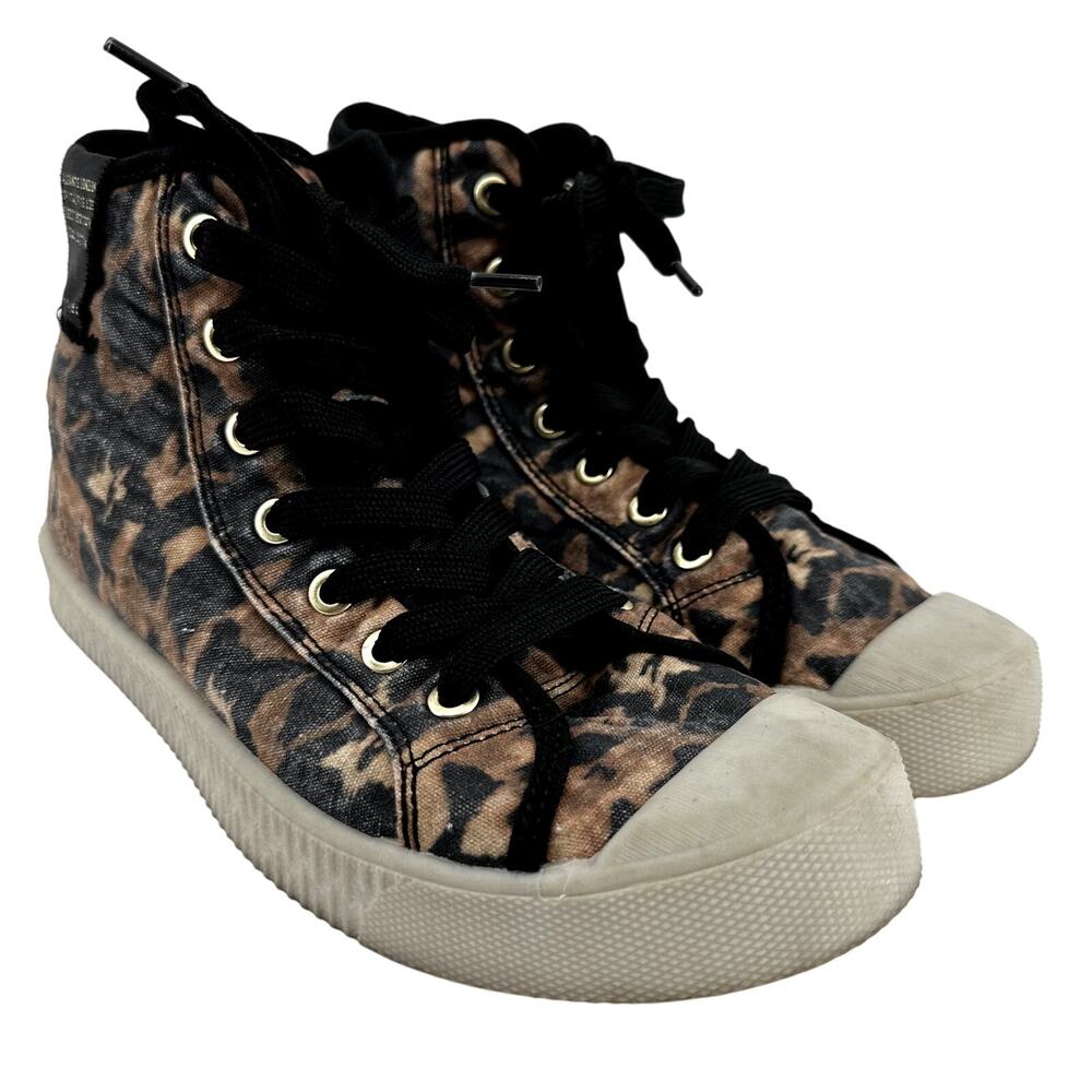AllSaints Demmy Celia High Top Sneakers Leopard Canvas Round Toe Tan Black 8 - Picture 2 of 7